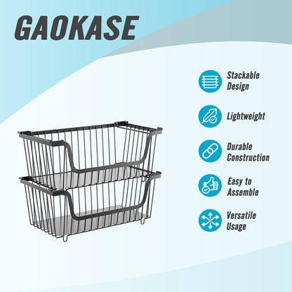 4 Pcs Stackable Wire Baskets for Pantry Organizers and Storage,Vegetable Fruit Basket for Countertop,Kitchen Storage Metal Baskets,Produce Potato Onion Storage Bin-Black