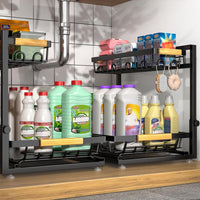 2-Pack 2-Tier Height Adjustable under Sink Organizer & Storage | Multi-Purpose Storage for Kitchen & Bathroom Cabinet. Large Black Shelf, Height Adjustable Design for Space-Saving.