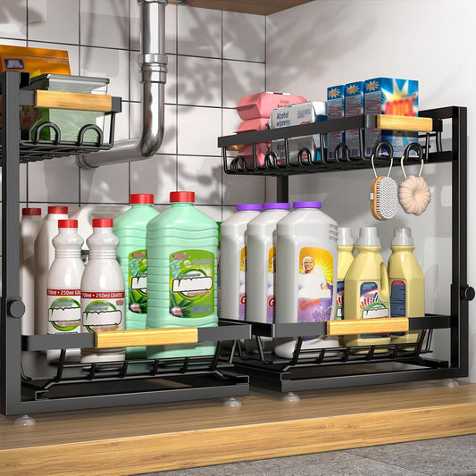 2-Pack 2-Tier Height Adjustable under Sink Organizer & Storage | Multi-Purpose Storage for Kitchen & Bathroom Cabinet. Large Black Shelf, Height Adjustable Design for Space-Saving.