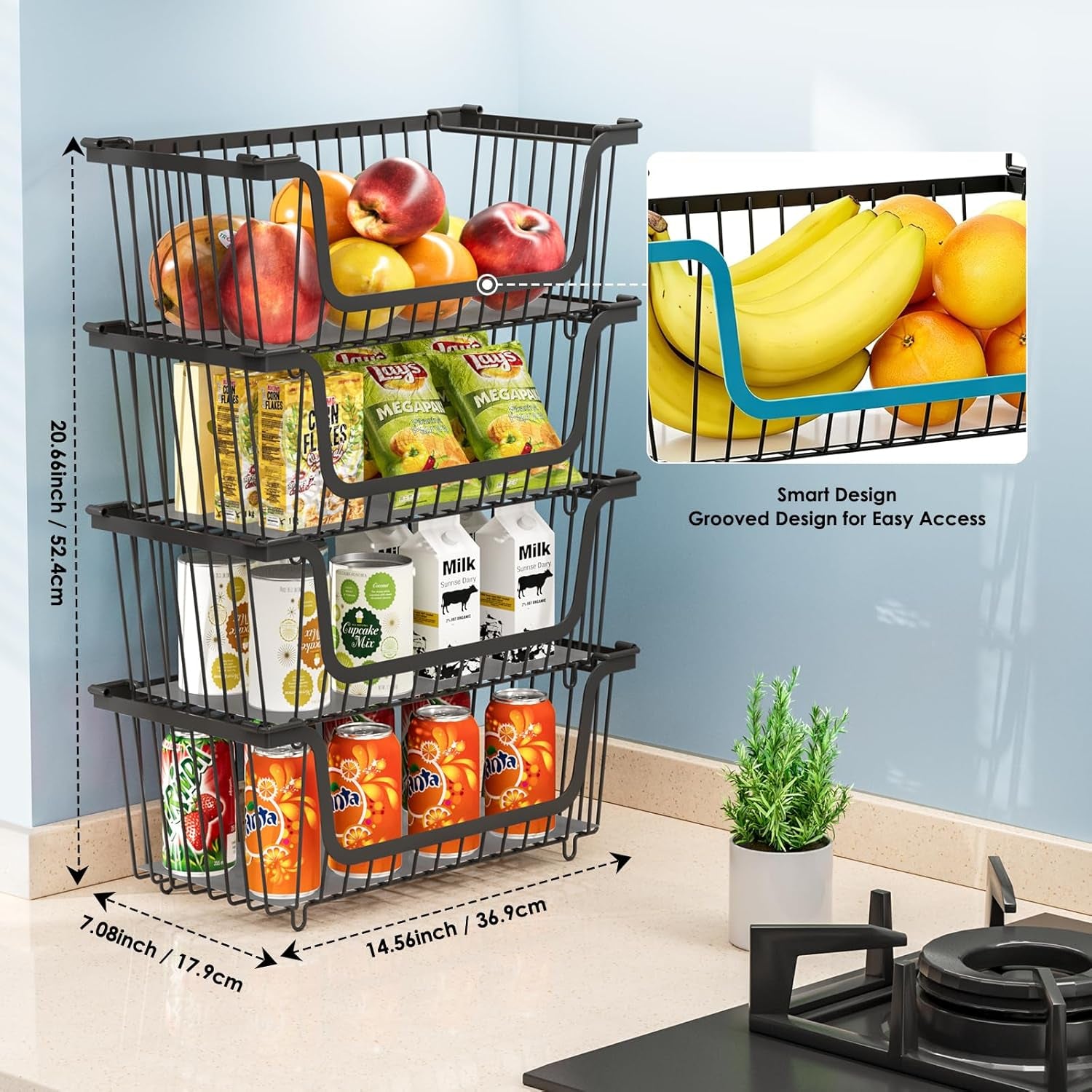 4 Pcs Stackable Wire Baskets for Pantry Organizers and Storage,Vegetable Fruit Basket for Countertop,Kitchen Storage Metal Baskets,Produce Potato Onion Storage Bin-Black