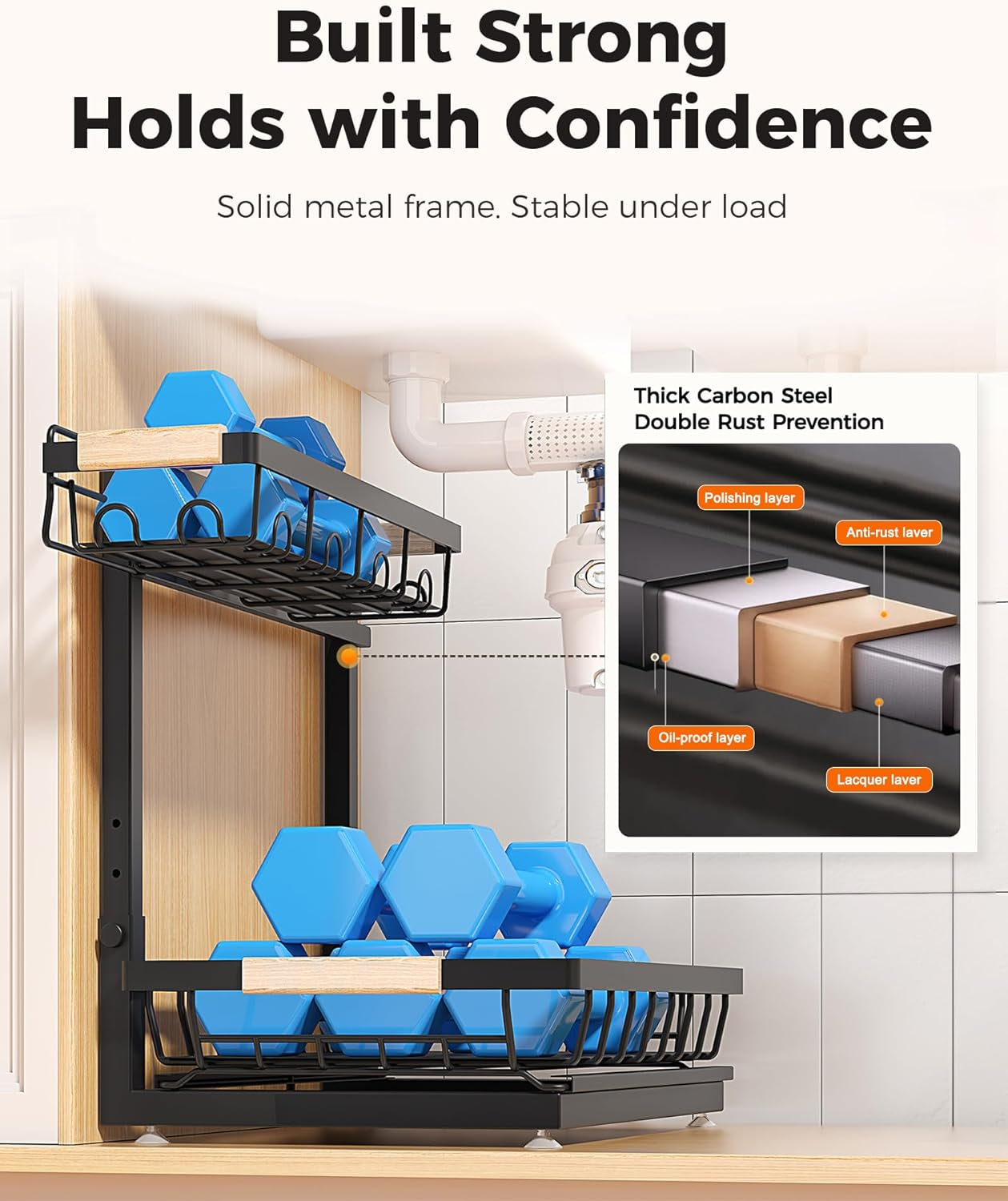 2-Pack 2-Tier Height Adjustable under Sink Organizer & Storage | Multi-Purpose Storage for Kitchen & Bathroom Cabinet. Large Black Shelf, Height Adjustable Design for Space-Saving.
