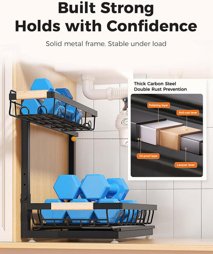 2-Pack 2-Tier Height Adjustable under Sink Organizer & Storage | Multi-Purpose Storage for Kitchen & Bathroom Cabinet. Large Black Shelf, Height Adjustable Design for Space-Saving.