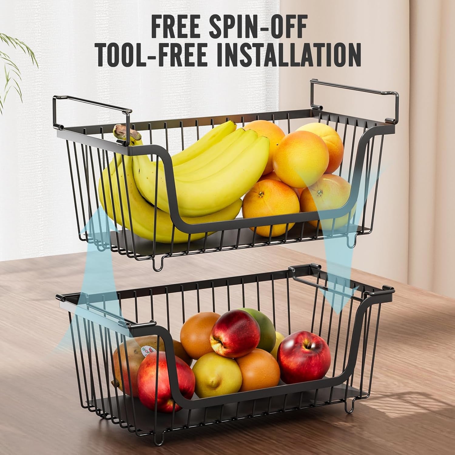 4 Pcs Stackable Wire Baskets for Pantry Organizers and Storage,Vegetable Fruit Basket for Countertop,Kitchen Storage Metal Baskets,Produce Potato Onion Storage Bin-Black