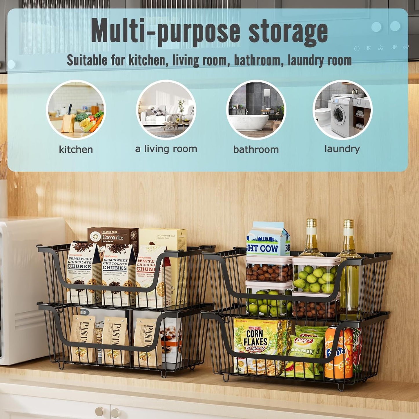 4 Pcs Stackable Wire Baskets for Pantry Organizers and Storage,Vegetable Fruit Basket for Countertop,Kitchen Storage Metal Baskets,Produce Potato Onion Storage Bin-Black
