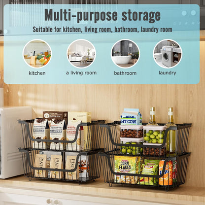 4 Pcs Stackable Wire Baskets for Pantry Organizers and Storage,Vegetable Fruit Basket for Countertop,Kitchen Storage Metal Baskets,Produce Potato Onion Storage Bin-Black