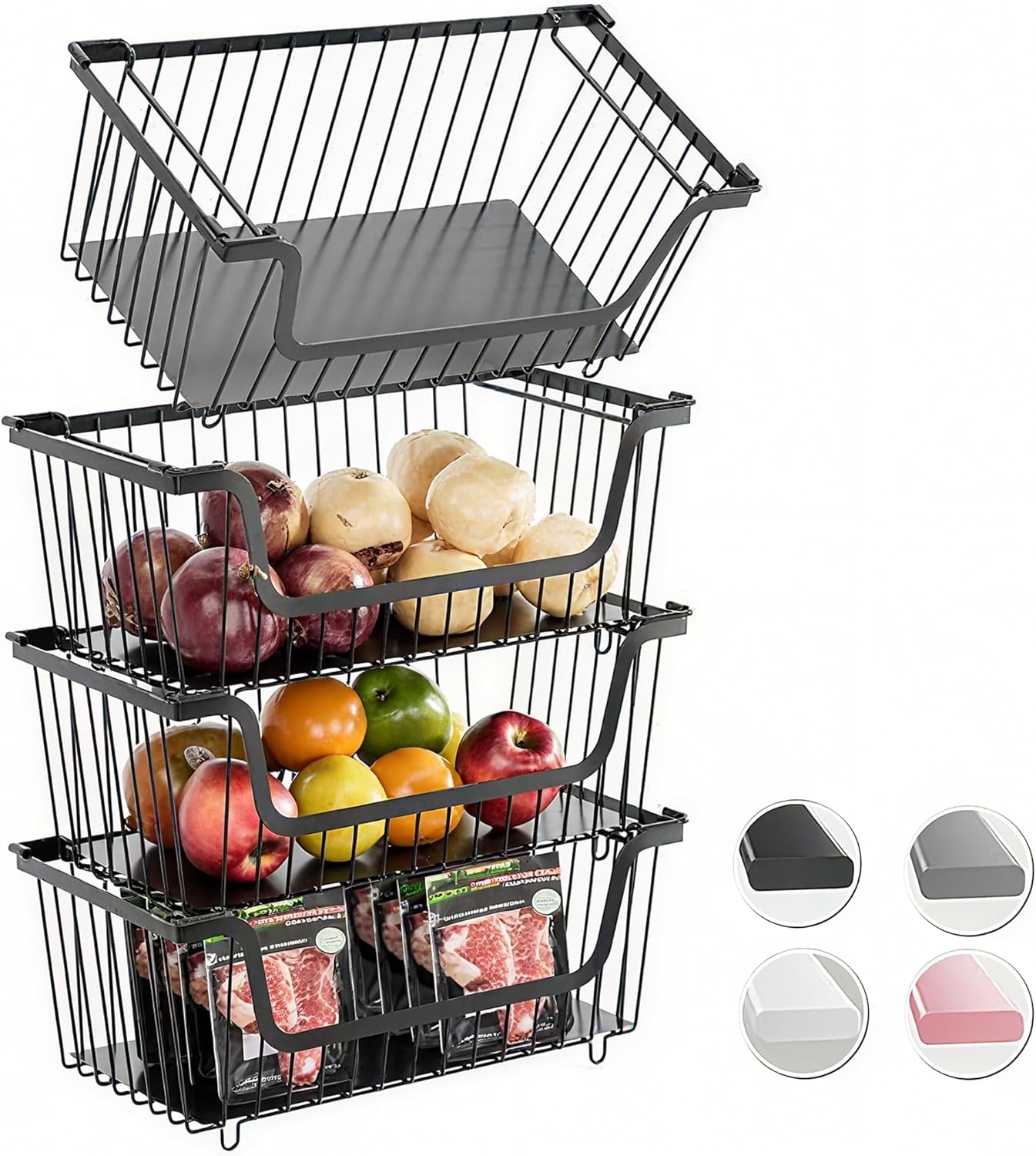 4 Pcs Stackable Wire Baskets for Pantry Organizers and Storage,Vegetable Fruit Basket for Countertop,Kitchen Storage Metal Baskets,Produce Potato Onion Storage Bin-Black