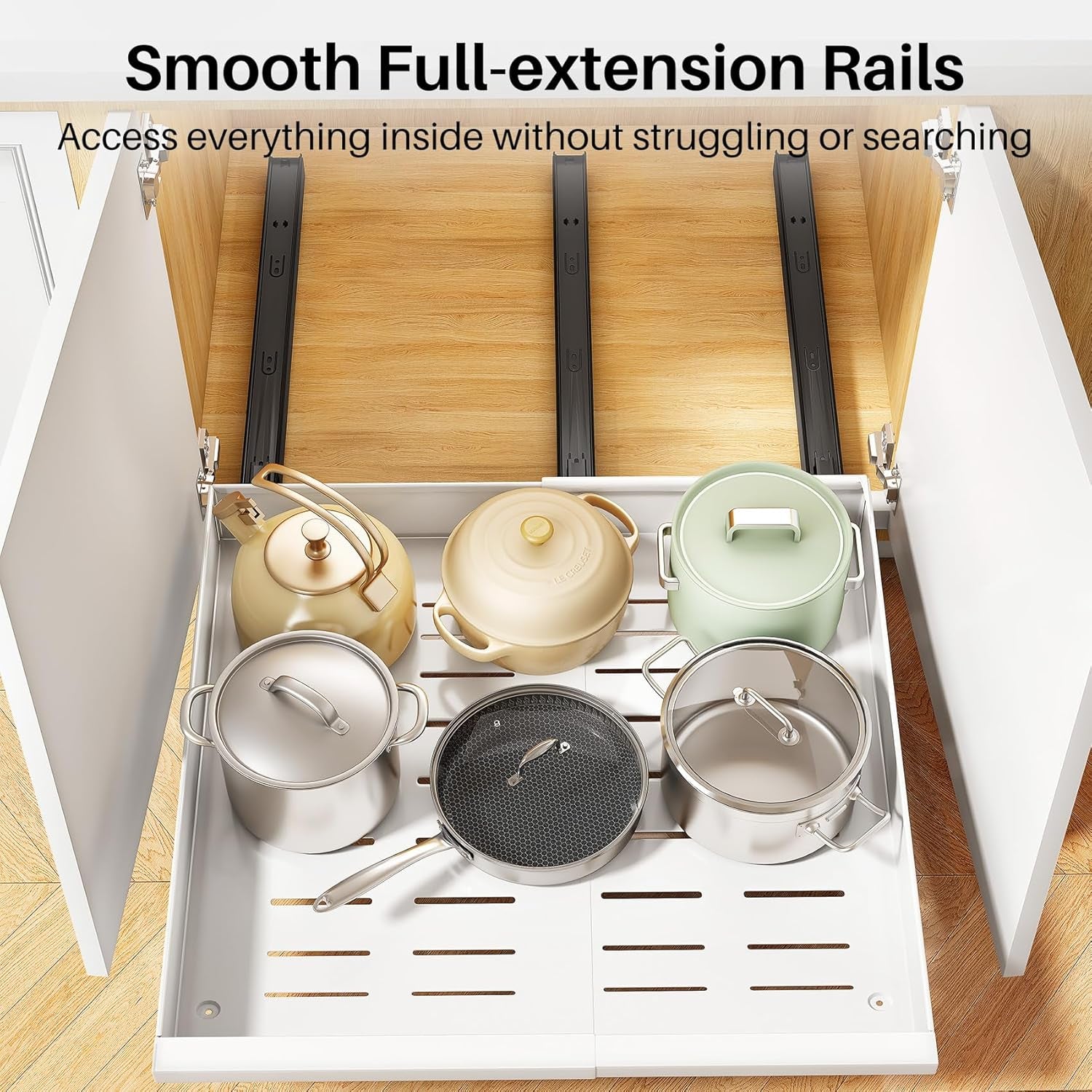 Pull Out Cabinet Organizer, 1-Pack Expandable(13.6"-24") Silde Out Drawers with Raising Pad for Framed Cabinets, Adjustable Full-Extension Adhesive Roll Out Shelves for Kitchen Pantry Home Pot and Pan